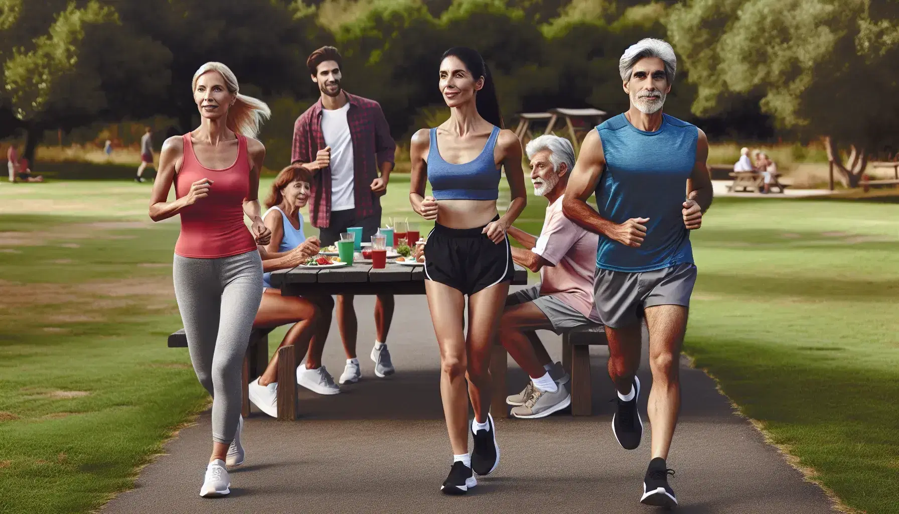 Grupo diverso de adultos disfrutando de actividades al aire libre en un parque soleado, con una pareja corriendo y otra comiendo en una mesa de picnic.