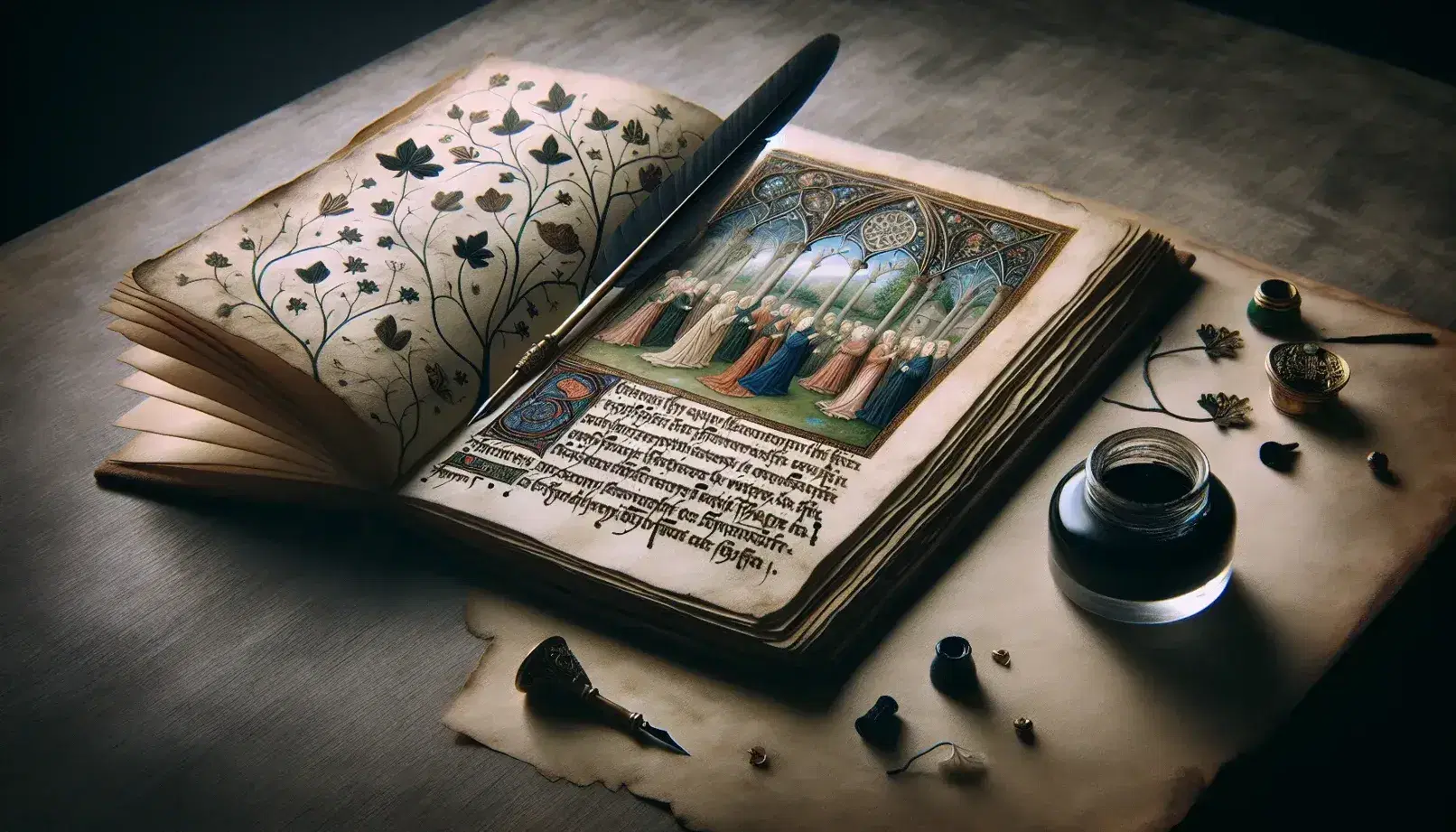 Manoscritto antico aperto su tavolo scuro con testo e decorazioni in inchiostro nero, penna d'oca e calamaio, e miniatura medievale sullo sfondo.