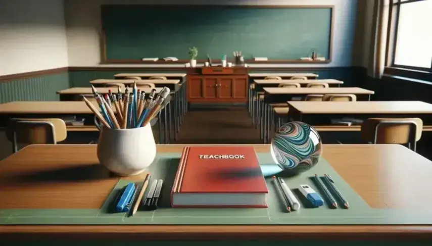 Classroom with teacher's desk featuring a red textbook, mug with writing tools, blue-green glass paperweight, clean chalkboard, and a potted plant.