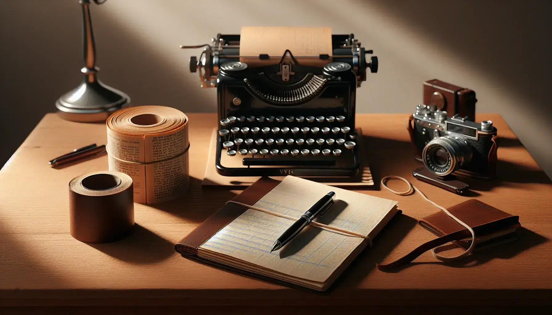 Mesa de madera clara con máquina de escribir antigua, rollo de periódico, cámara fotográfica vintage, cuaderno abierto y pluma negra.