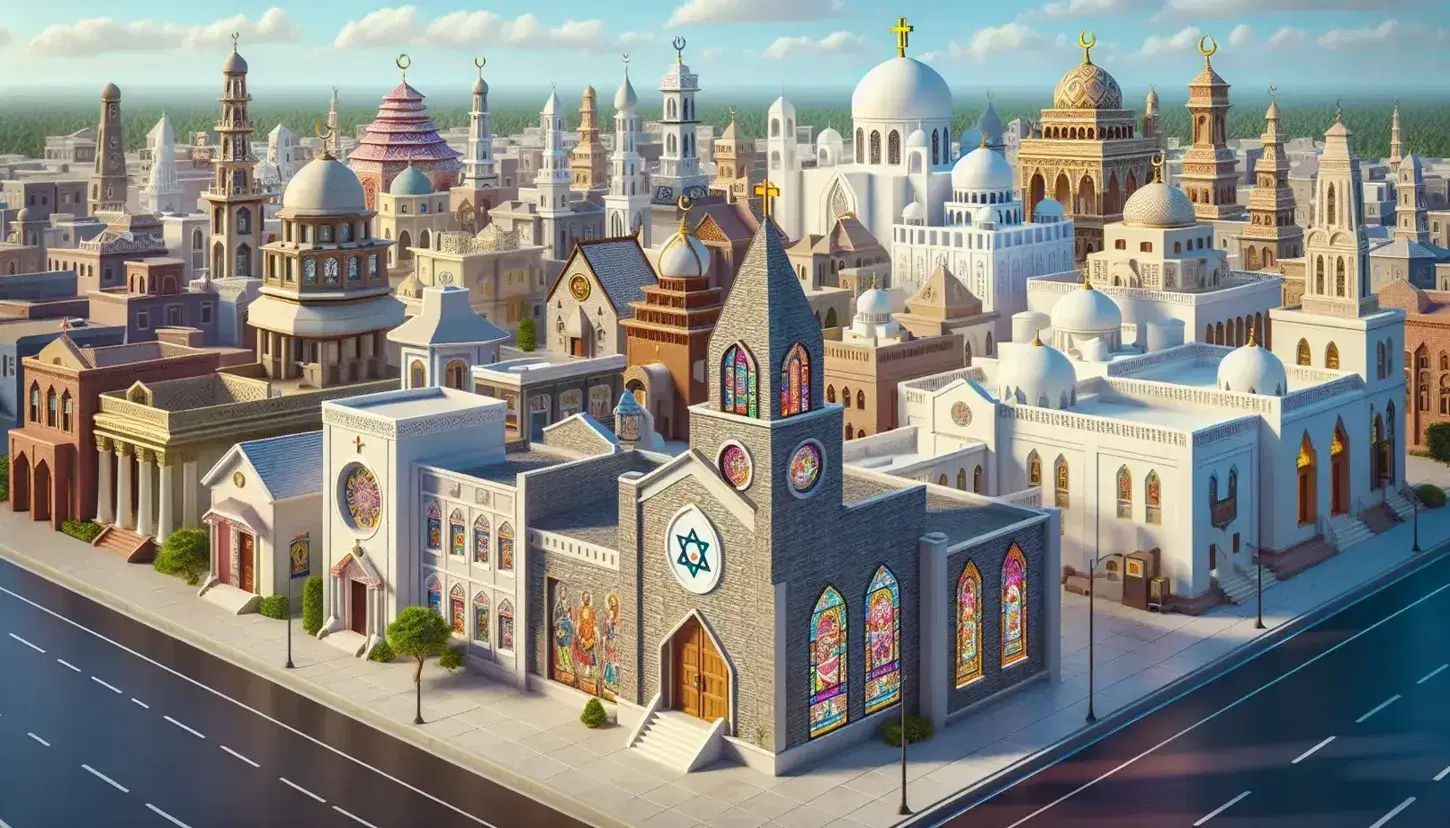 Paesaggio urbano con edifici religiosi diversi: chiesa con vetrata colorata, moschea con minareto, tempio buddista, sinagoga e tempio indù.