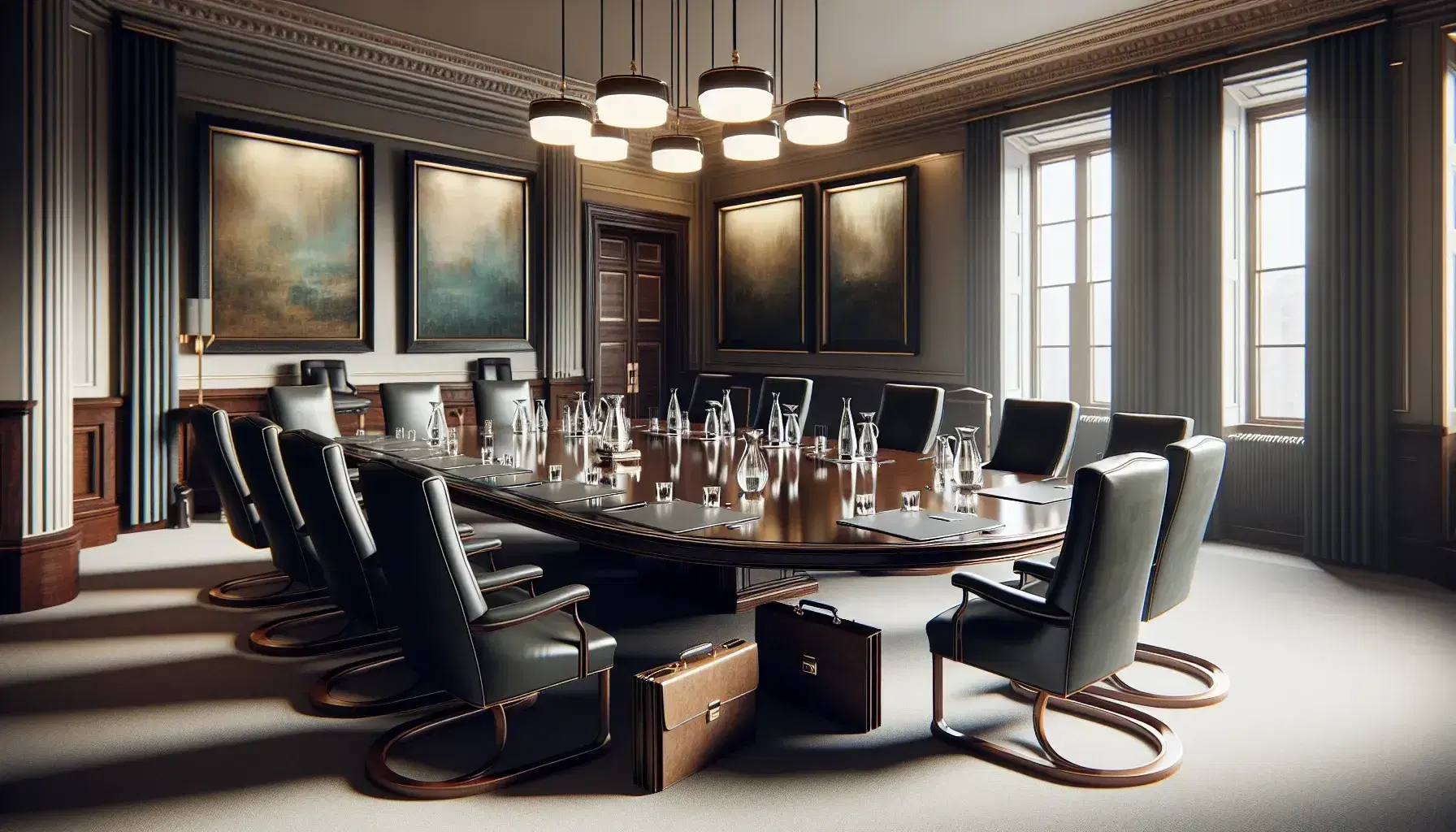 Sala de reuniones elegante con mesa ovalada de madera oscura, sillas de cuero negro y cuadros abstractos en paredes crema, iluminada natural y artificialmente.