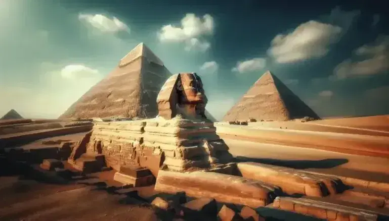 Panoramic view of the Giza pyramid complex with the Sphinx, cloudless blue sky and desert terrain in the foreground.