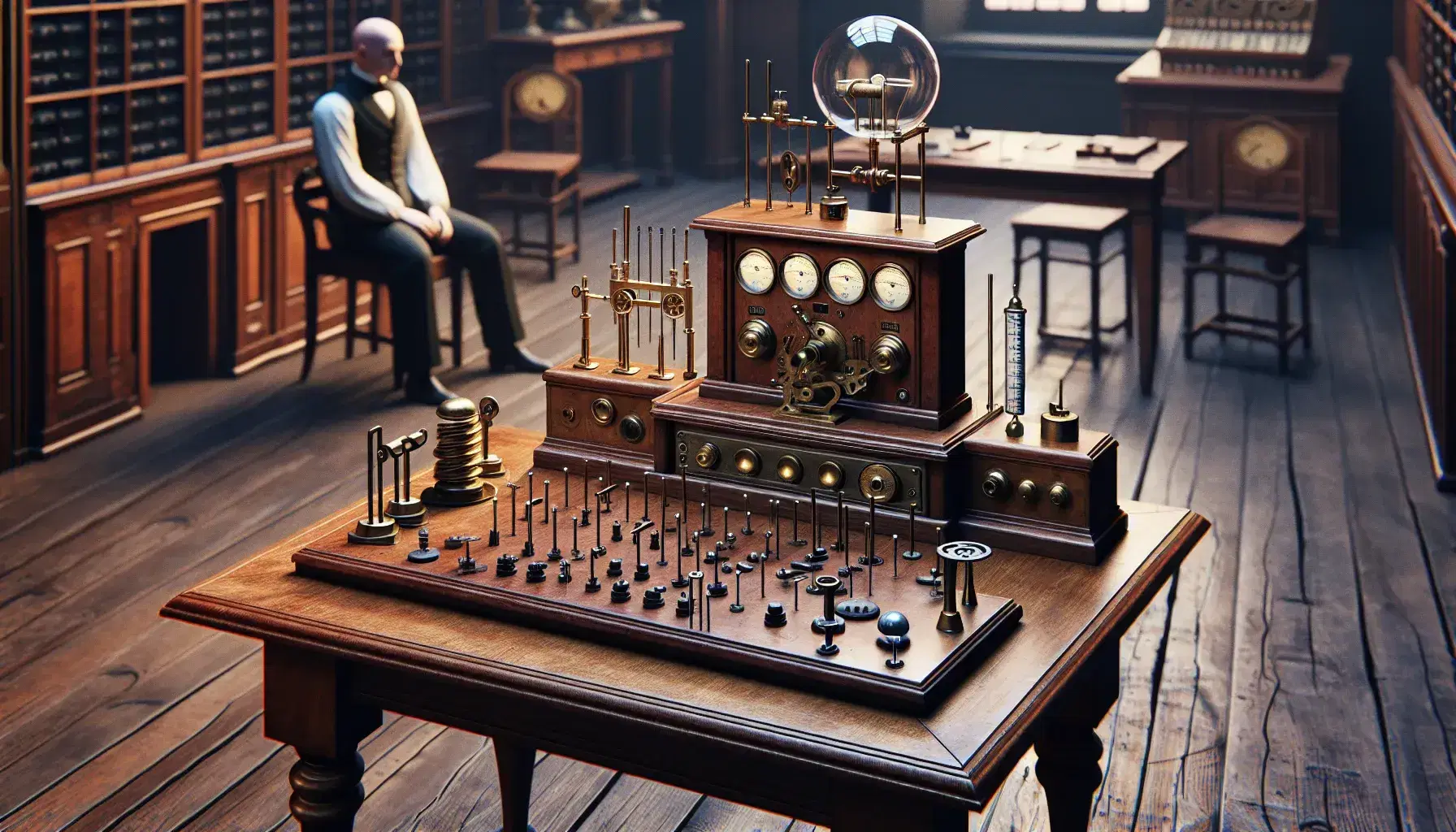 Historical psychological laboratory with ancient instruments, metronome and human figure using a reaction tester, natural light and green plant.