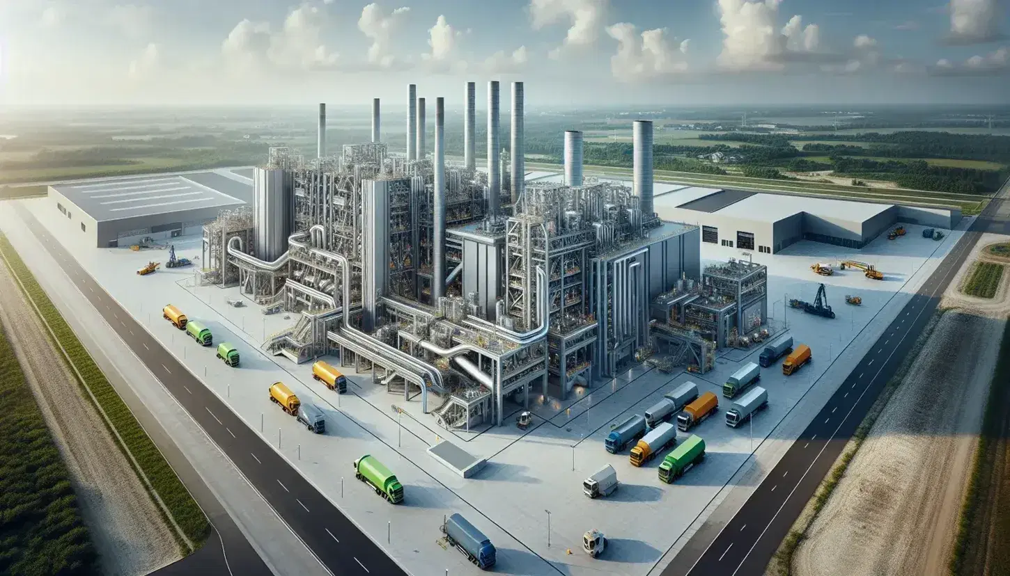 Vista aerea di un impianto moderno di trasformazione rifiuti in energia, con strutture metalliche, camion colorati e zona verde circostante.