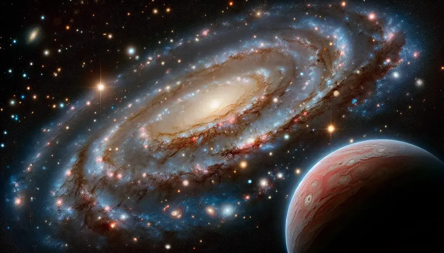 Vista panorámica del espacio con una galaxia espiral central, campo estelar con estrellas de diversos colores y un planeta rojizo iluminado parcialmente.