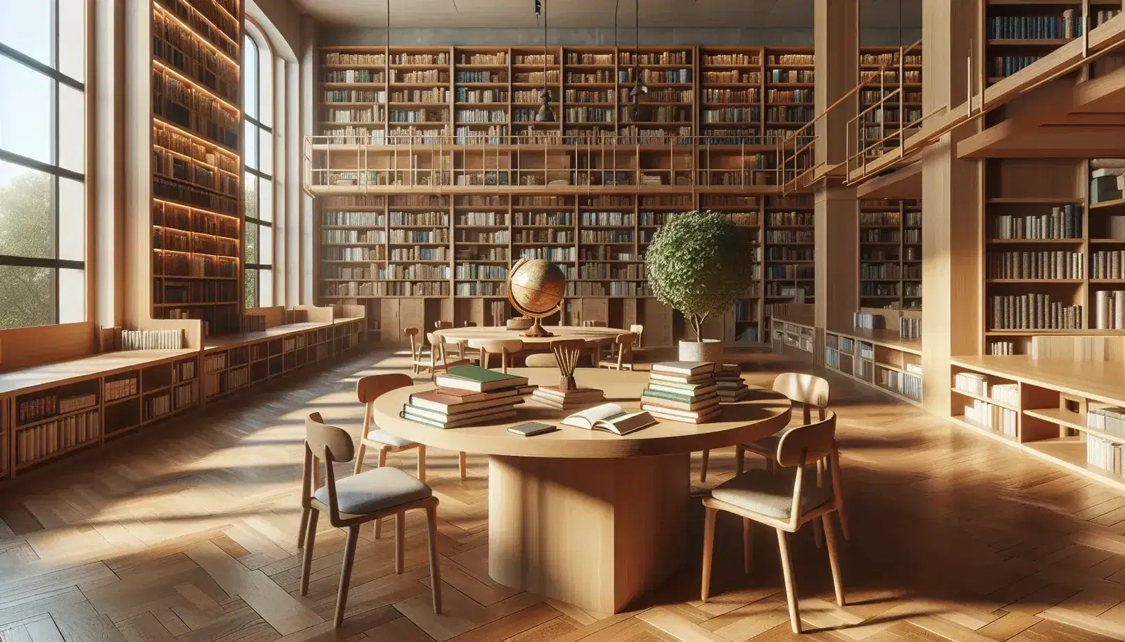 Biblioteca luminosa con estanterías de madera llenas de libros, mesa central con libros abiertos, globo terráqueo y planta verde, bajo la luz natural de un gran ventanal.