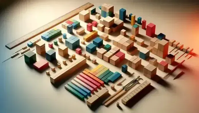 Bloques de madera de colores y formas variadas sobre superficie clara con regla y compás, juguetes educativos para el desarrollo infantil.