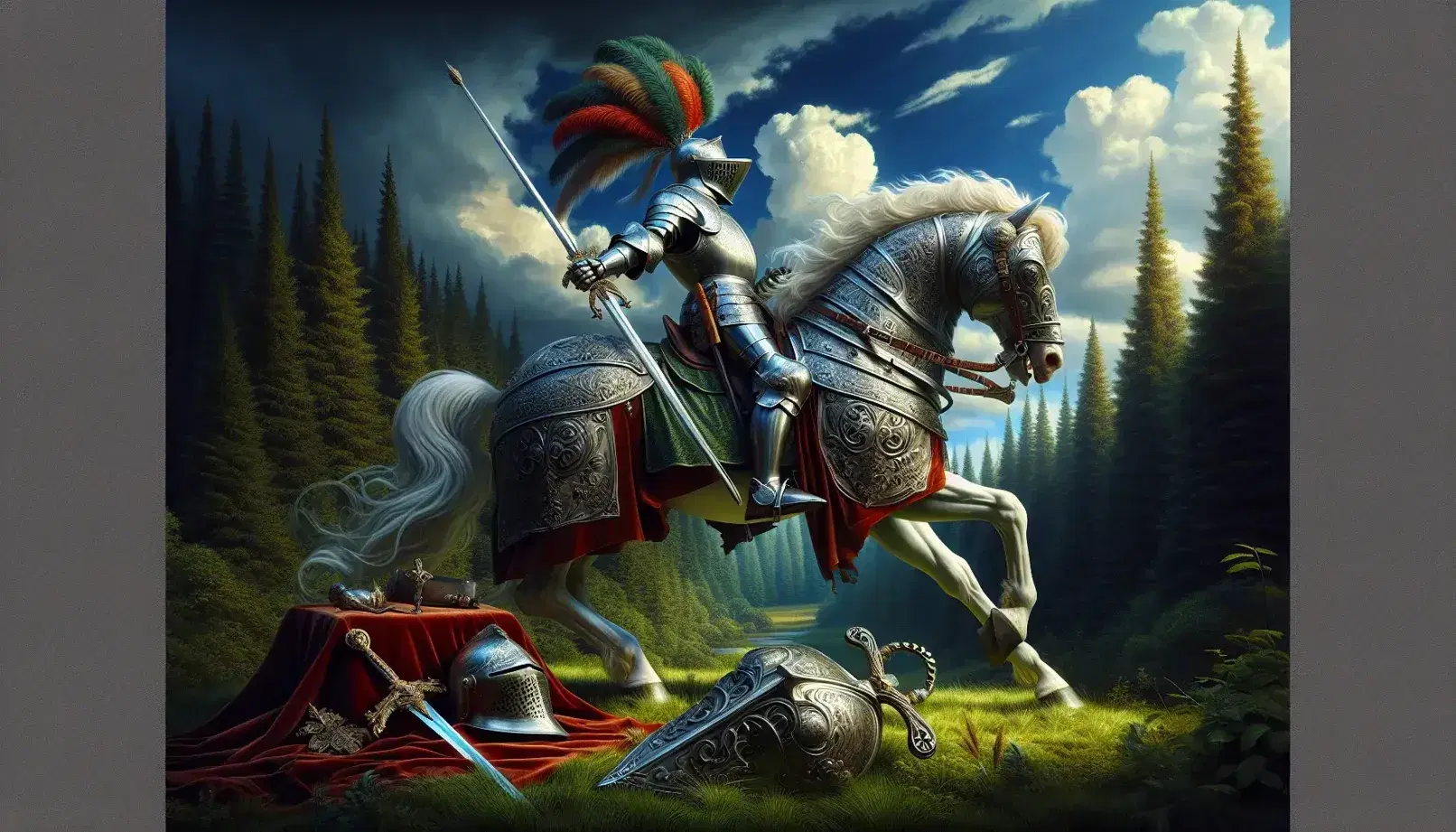 Cavaliere in armatura medievale su cavallo bianco impennato con lancia, elmo con piume e spada nel prato, sfondo foresta avventurosa.