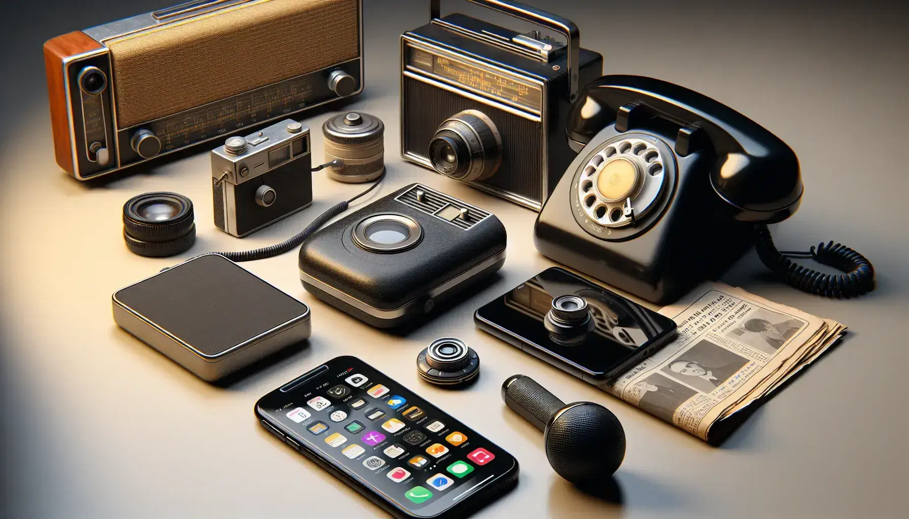 Colección de dispositivos de comunicación antiguos y modernos, incluyendo teléfono rotativo, smartphone, radio transistor, cámaras y periódico, sobre fondo neutro.