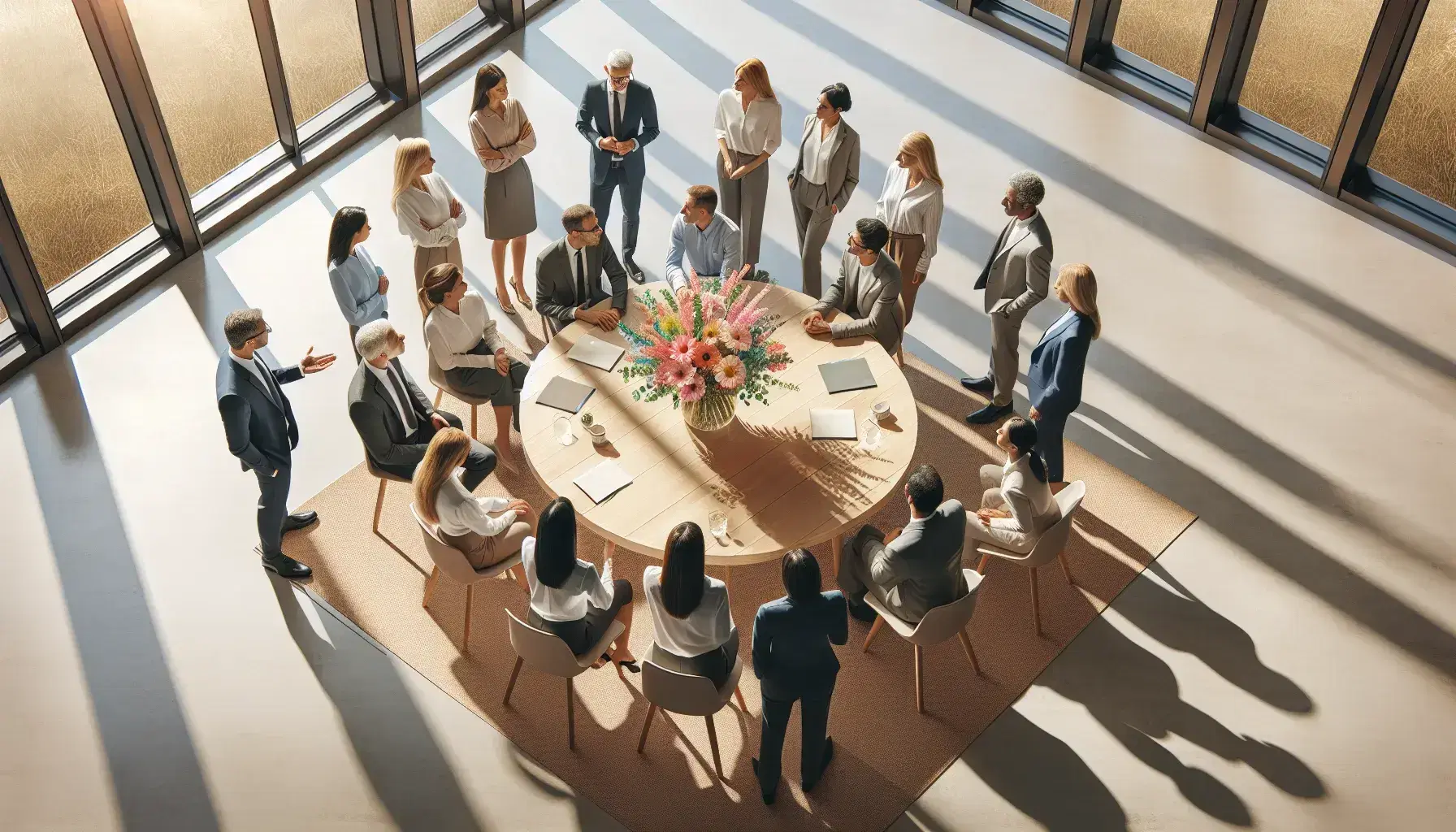 Grupo diverso de profesionales en atuendo de oficina dialogando alrededor de una mesa redonda con arreglo floral central bajo luz natural.