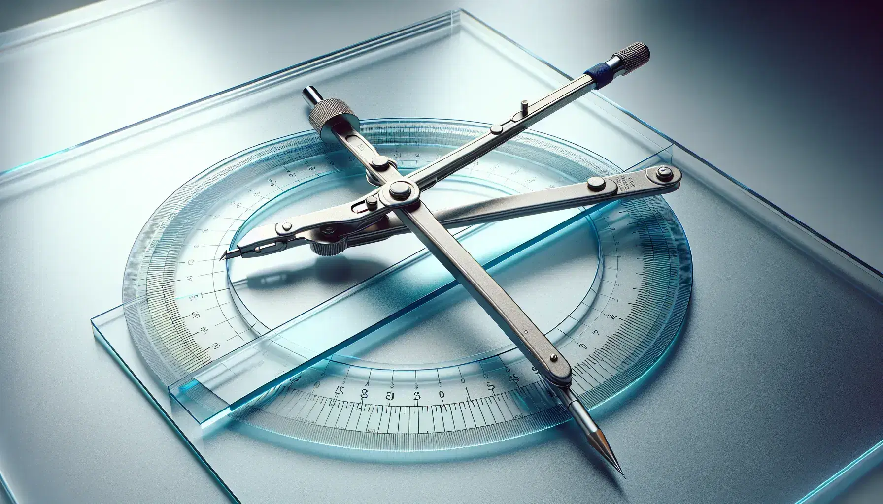Drawing compass with pencil and blue protractor on white paper, ready for geometric measurements, with soft shadows adding depth.