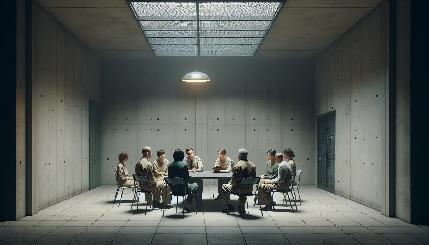 Group therapy session in prison environment, six serious people around a table with a therapist holding a folder.