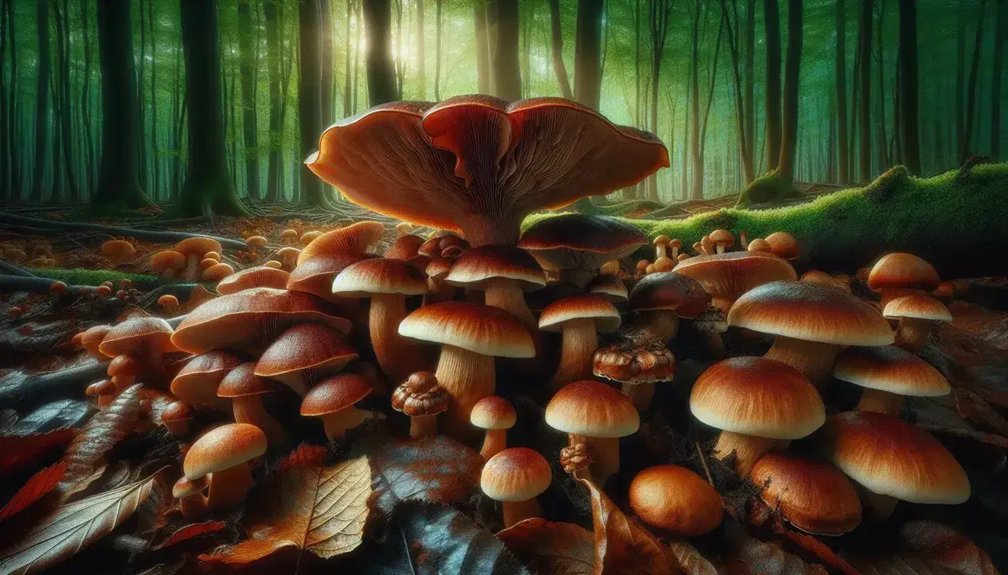 Funghi selvatici in una foresta autunnale con foglie cadute, tra cui un grosso fungo marrone-rossiccio, altri più piccoli e un insetto su una foglia.