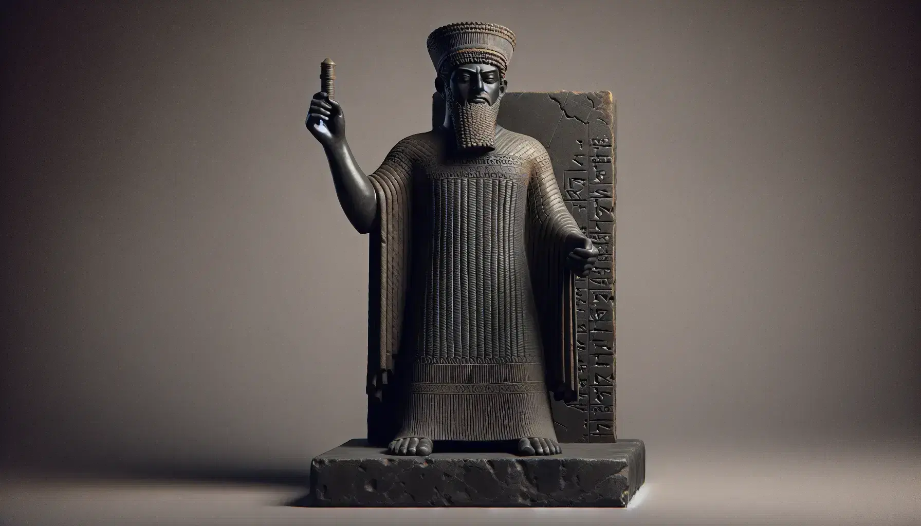 Statua in pietra di Hammurabi in piedi con barba dettagliata, copricapo cilindrico, tunica incisa e scettro, su piedistallo.