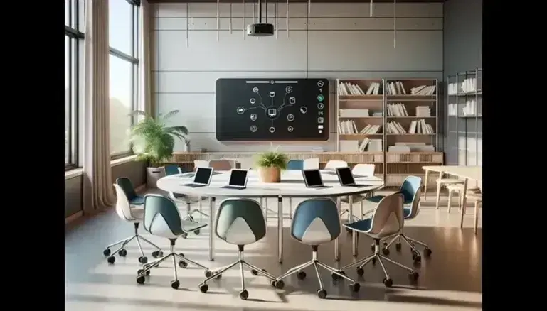 Aula moderna y luminosa con mesa redonda, sillas ergonómicas azules y verdes, dispositivos electrónicos apagados, pizarra interactiva y estantería con libros.