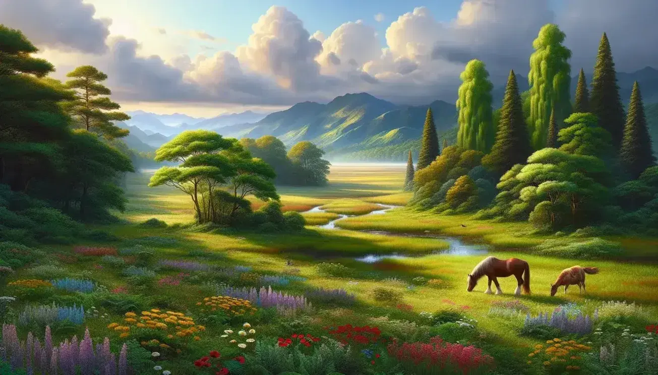 Paisaje natural con campo de hierba verde y flores silvestres, árboles frondosos junto a un arroyo brillante, montañas distantes y cielo nublado, con una vaca y un caballo pastando.
