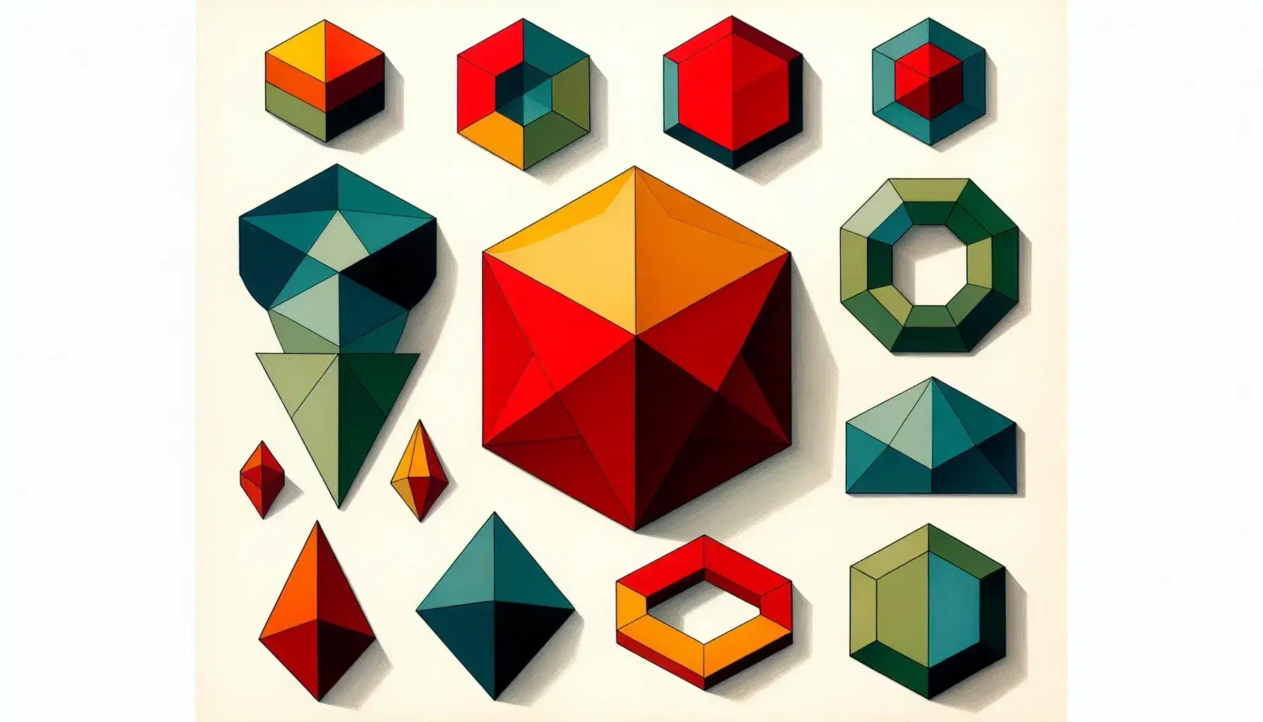 Brightly colored regular and irregular polygons on a white background, with wooden polygon blocks below, illustrating geometric shapes for educational purposes.