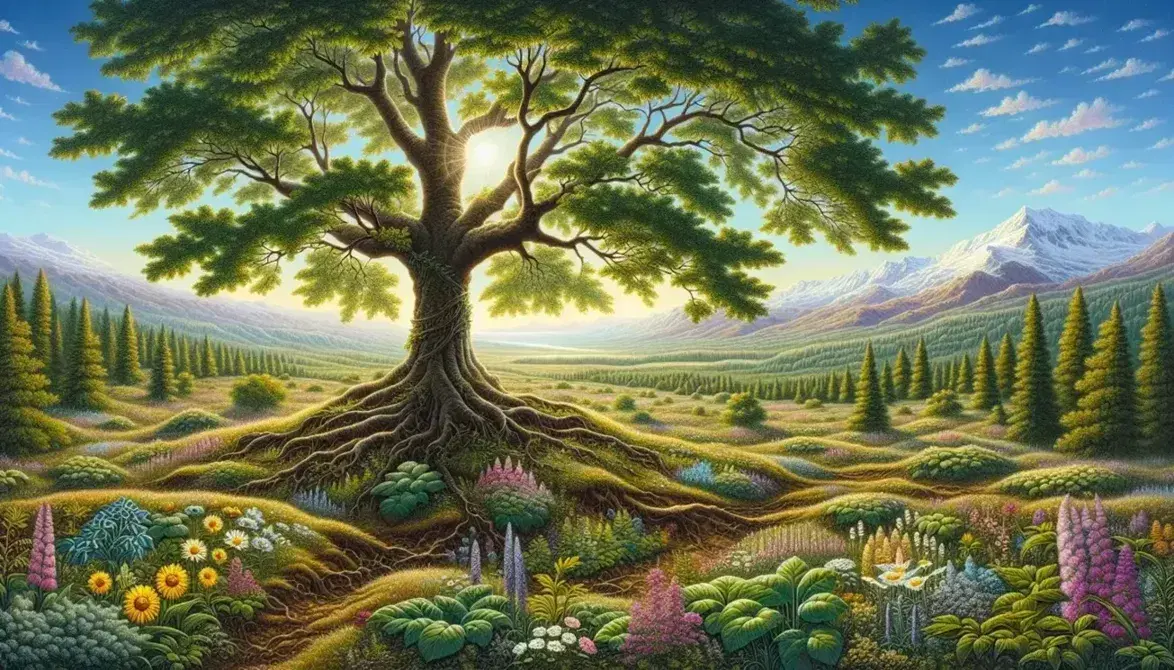 Paesaggio naturale con albero rigoglioso, radici visibili, fiori selvatici e montagne innevate sullo sfondo sotto un cielo azzurro.