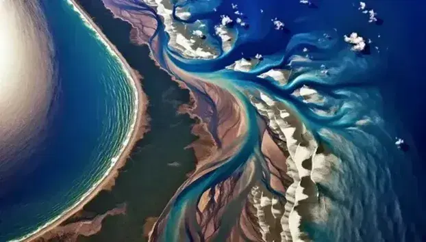 Vista aérea de la confluencia de un río caudaloso de color marrón claro, cargado de sedimentos, con el azul profundo del océano, mostrando un efecto de degradado natural y olas dinámicas en una zona costera sin señales de desarrollo humano.