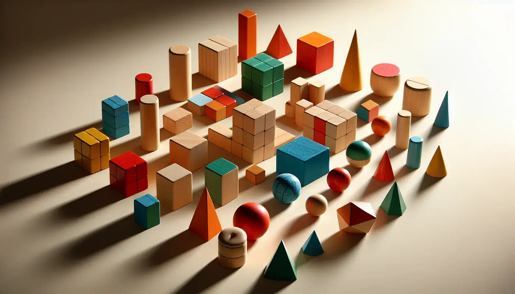Bloques geométricos de madera en colores variados sobre superficie lisa, con patrones de cubos rojos, prismas verdes y cilindros azules.
