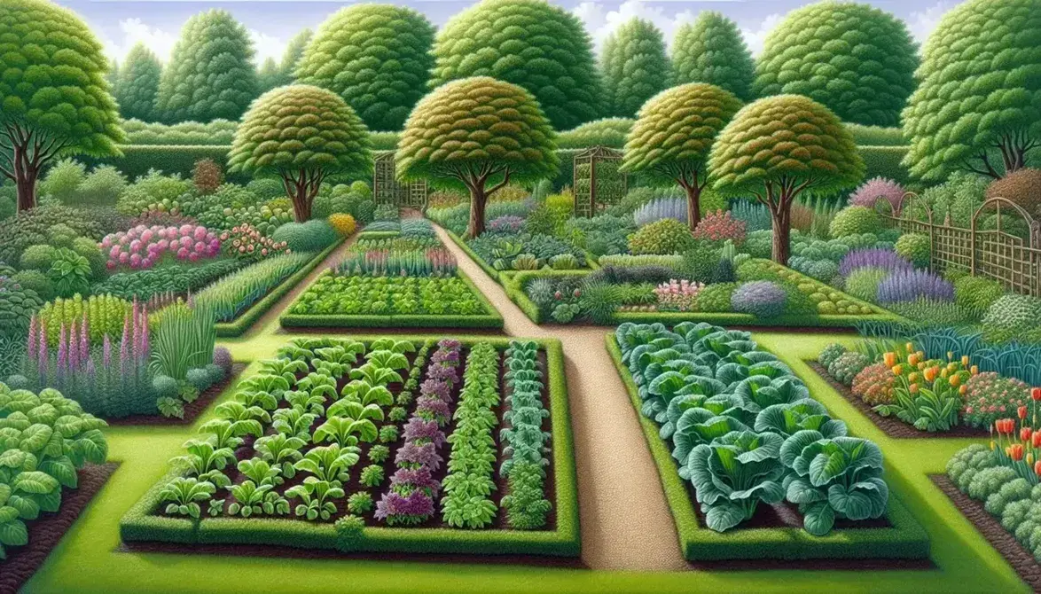 Lush garden with rows of leafy vegetables, fruit trees with red and yellow fruits, colorful flower bed, and a serene blue pond with fish.