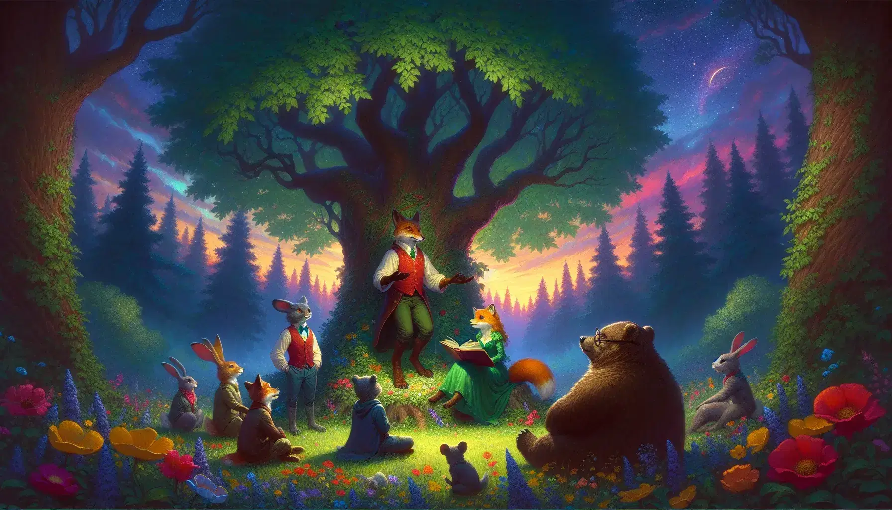 Bosco incantato al crepuscolo con albero, animali antropomorfi in abiti, coniglio con libro, orso su ceppo e volpe in abito, sotto cielo tramonto.