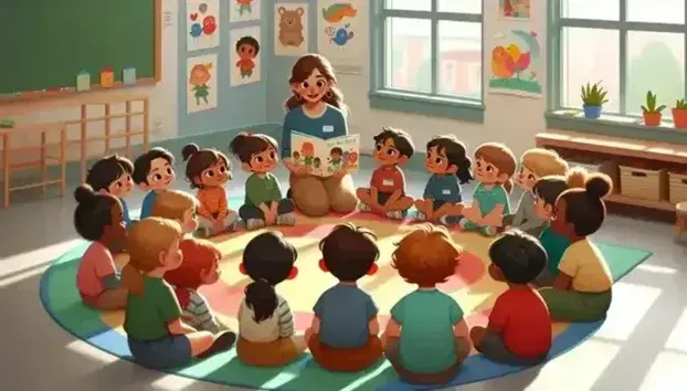 Bambini di diverse etnie ascoltano una maestra leggere un libro illustrato seduti su un tappeto colorato in una classe luminosa.