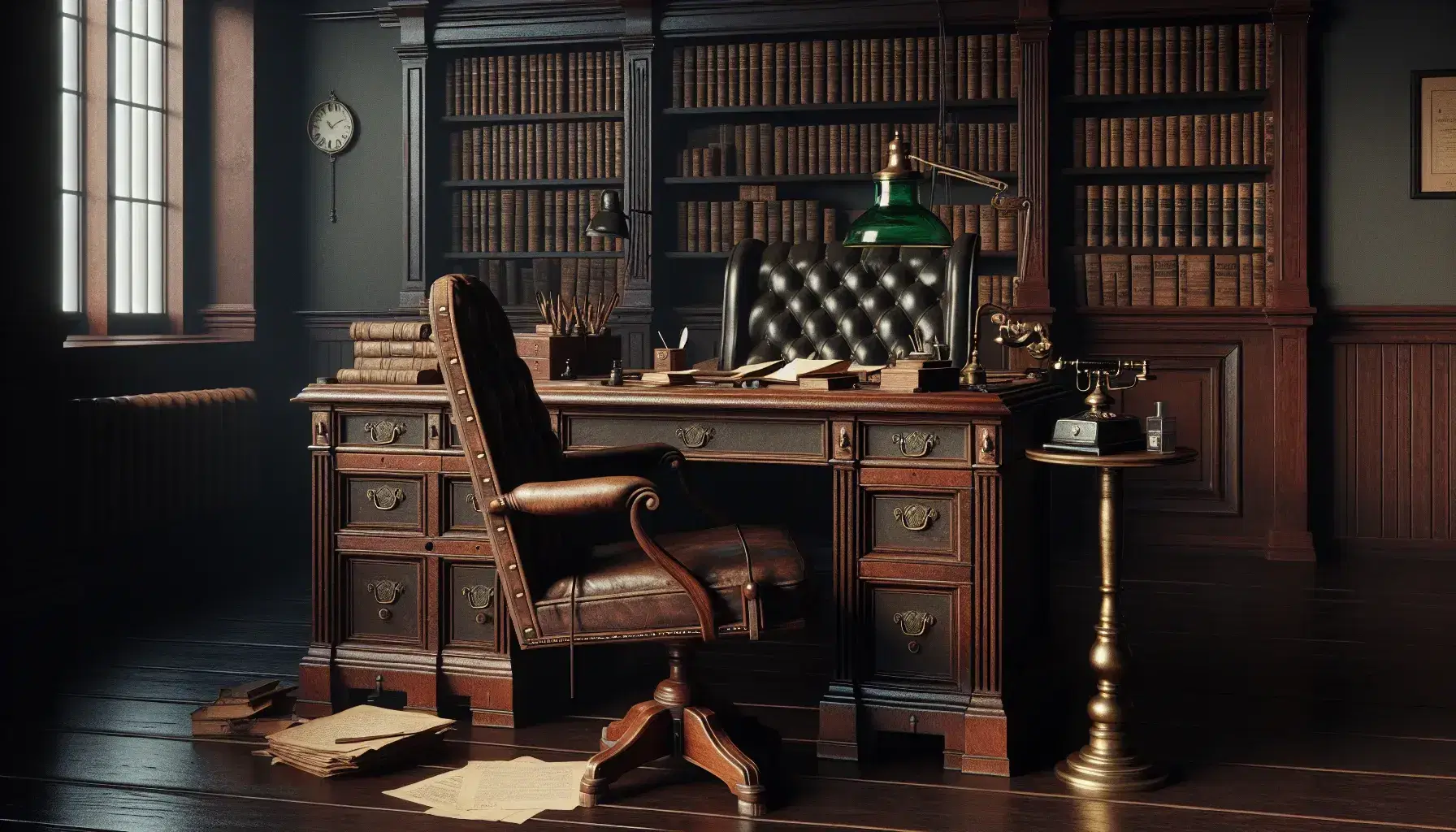 Vintage 1940s wood-paneled office with ornate wooden desk, worn leather chair, brass lamp, rotary phone, and bookcase filled with leather-bound books.