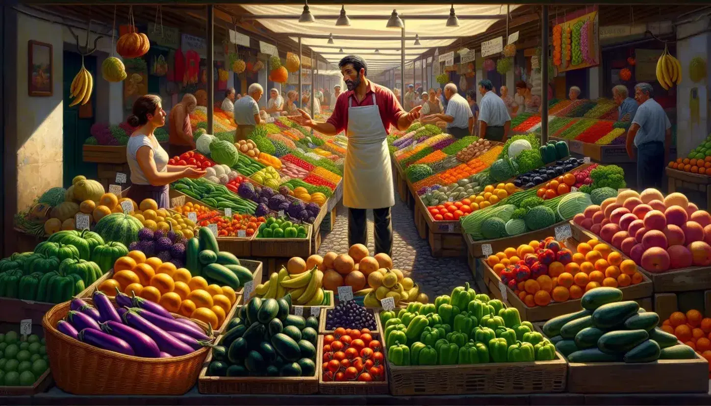 Bustling outdoor market with a vendor gesturing at fresh produce including bell peppers, eggplants, bananas, and oranges on a sunny day.