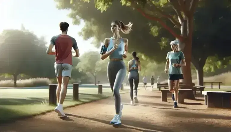 Grupo de tres personas realizando ejercicio al aire libre en un parque, con una joven corriendo, un hombre trotando con auriculares y una mujer mayor caminando y llevando una botella de agua.