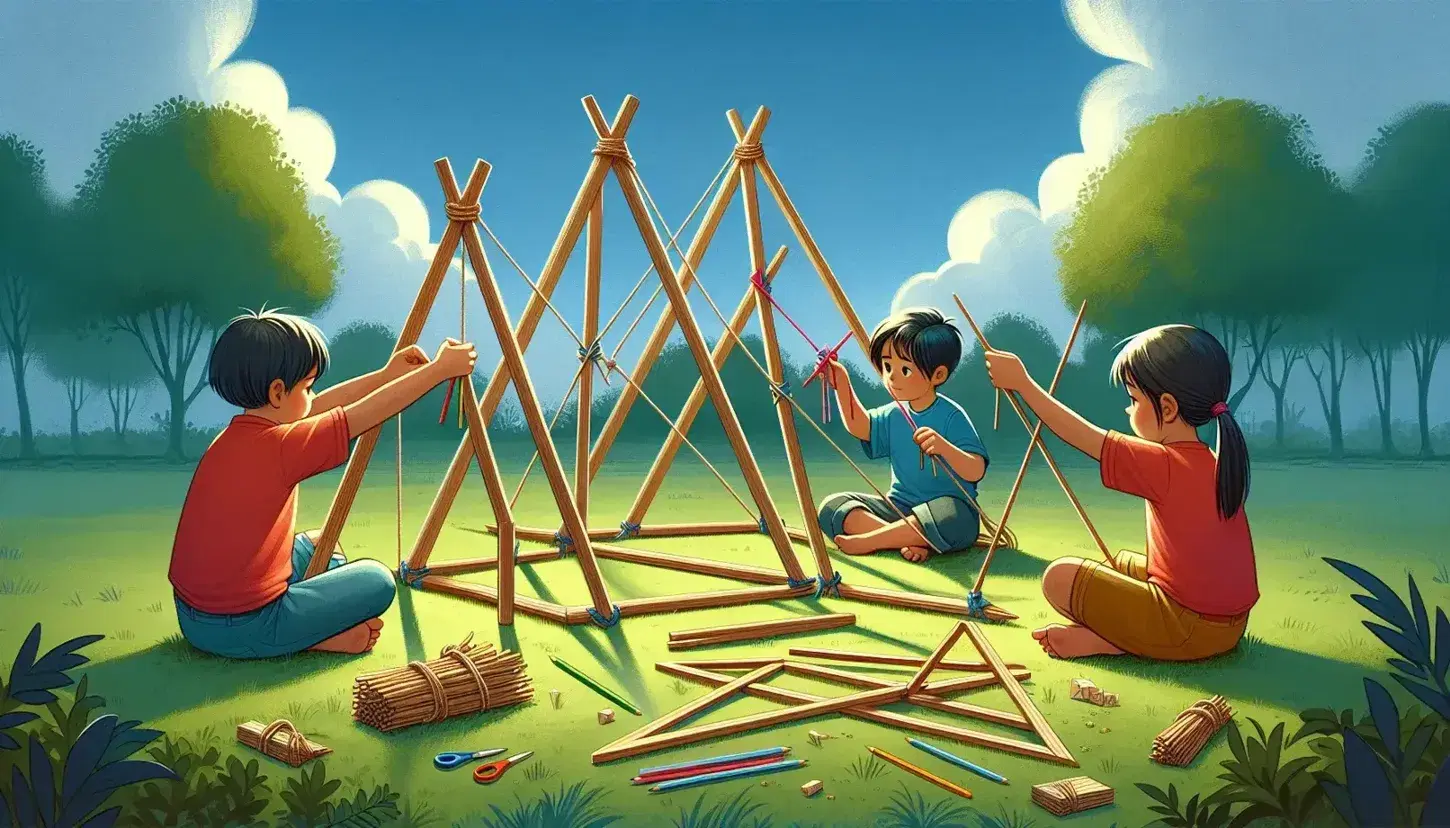 Bambini in parco creano modelli triangolari con bastoncini e corde su erba verde, sotto cielo azzurro.
