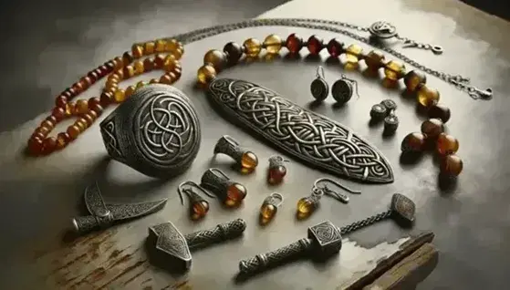 Viking jewelry collection on a textured background, featuring a silver arm ring, bronze brooch, Thor's hammer earrings, amber bead necklace, and a longship pendant.