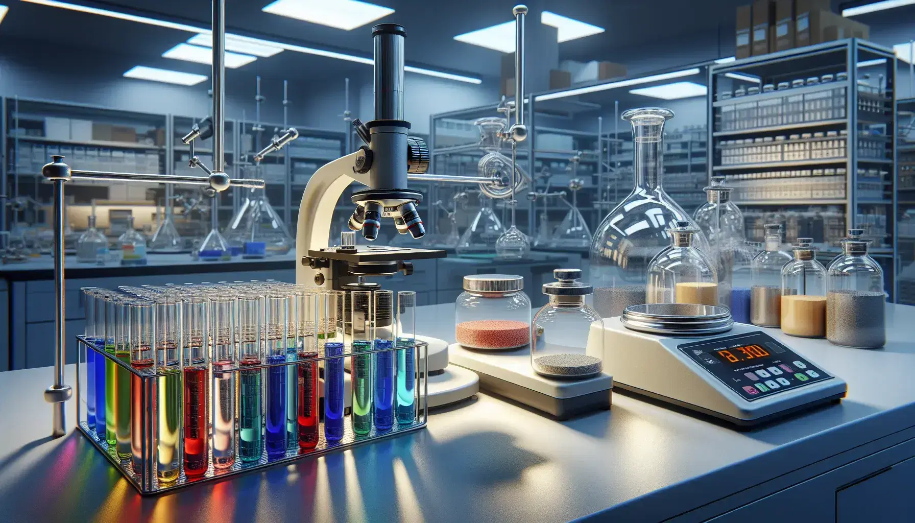 Laboratorio científico con tubos de ensayo de colores en soporte metálico, microscopio plateado y balanza analítica, reflejando profesionalismo en investigación toxicológica.
