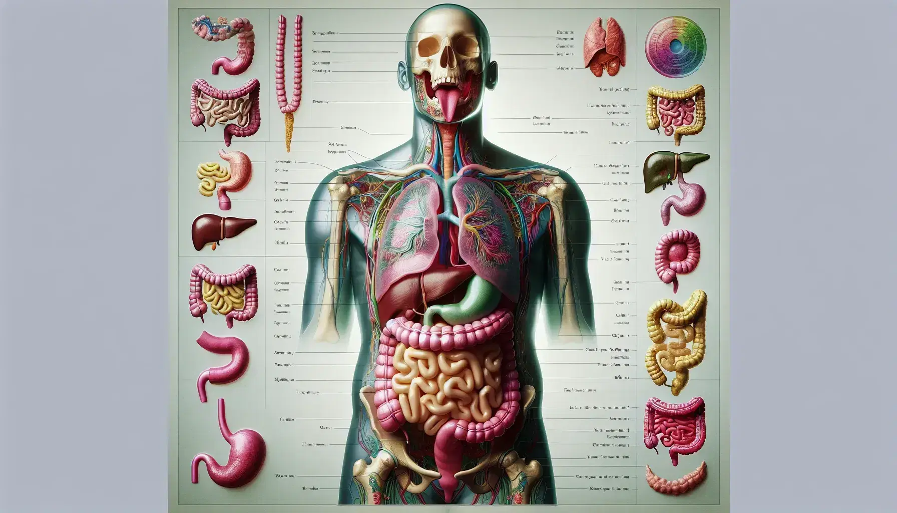 Sistema digestivo umano con organi colorati, dalla bocca rosa e denti bianchi allo stomaco rosso e intestini giallo-verdi.