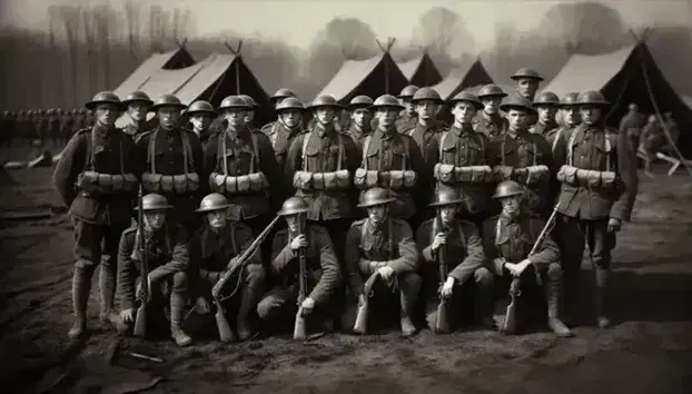 Soldati americani della Prima Guerra Mondiale in fila con elmetti e fucili, pronti per la partenza al fronte europeo, in foto bianco e nero.