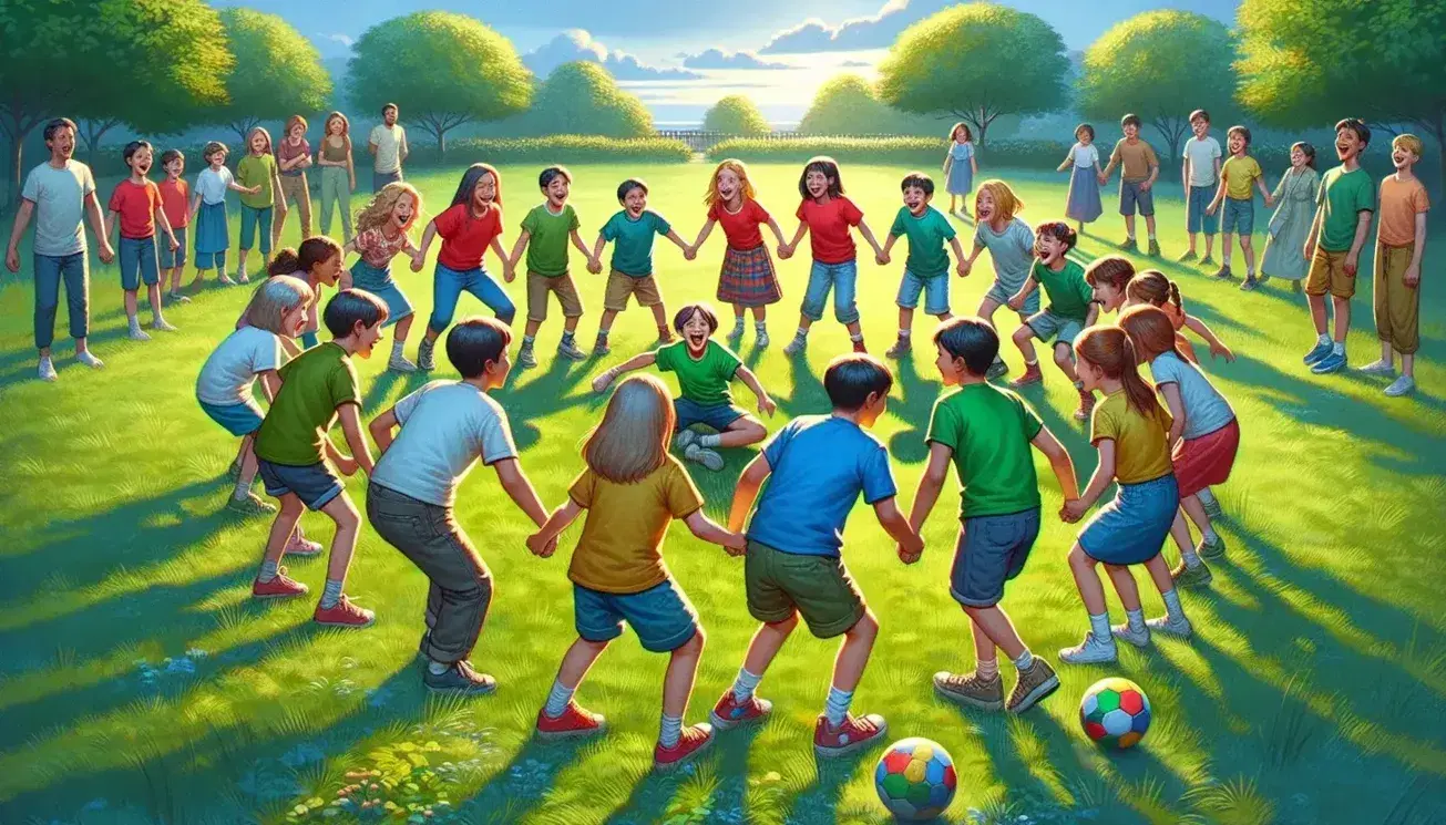 Bambini e adolescenti di diverse età giocano in cerchio in un campo erboso, sotto un cielo azzurro, esprimendo gioia e movimento.