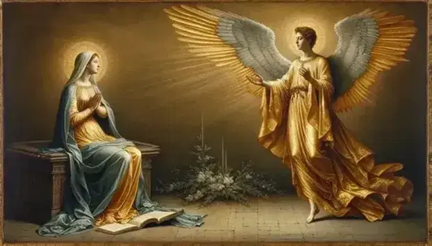 Rappresentazione dell'Annunciazione con la Vergine Maria seduta in abito blu e l'Angelo Gabriele in veste dorata con ali bianche, in una stanza illuminata da luce naturale.