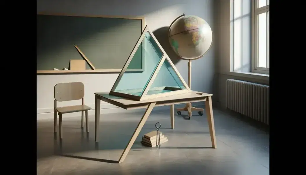Aula scolastica con scrivania e modello tridimensionale di triangolo rettangolo blu, lavagna verde vuota, globo terrestre e sedia in vimini.
