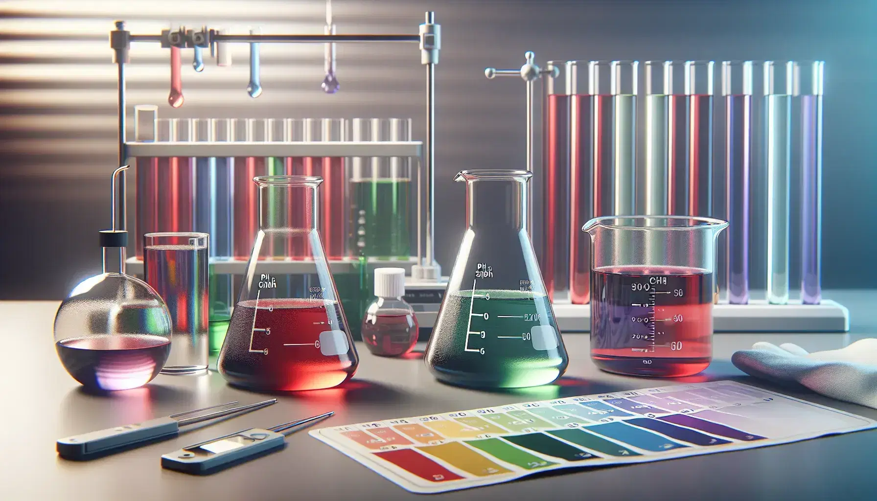Laboratorio con tres matraces Erlenmeyer con líquidos rojo, verde y azul, tiras de pH, gafas de seguridad y guantes de látex sobre una mesa.