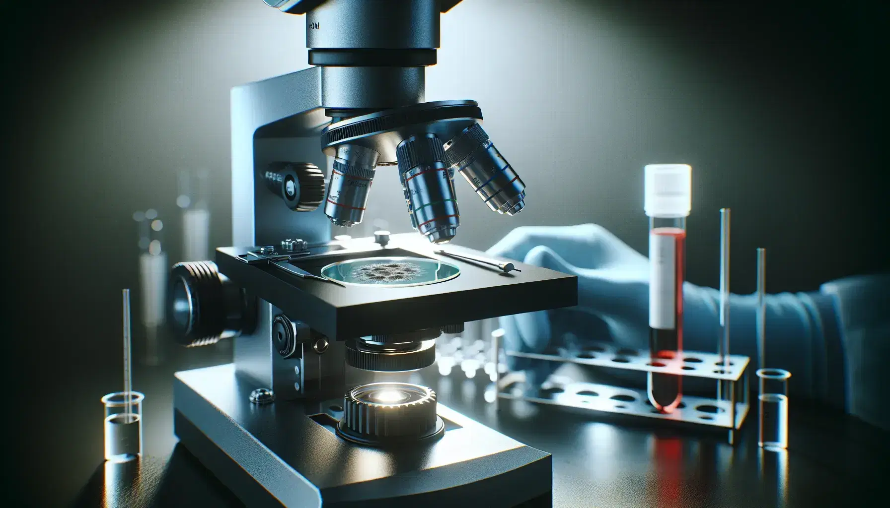 Microscopio óptico de laboratorio enfocado en oculares y objetivos con portaobjetos y muestra de tejido, y mano con guante sosteniendo tubo de ensayo con líquido rojo en fondo blanco.