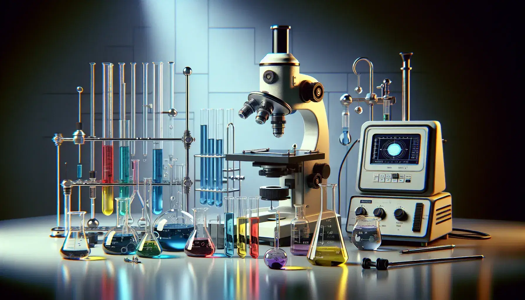 Laboratorio científico con tubos de ensayo de colores, matraz Erlenmeyer, balanza analítica y microscopio, reflejando un ambiente de investigación.