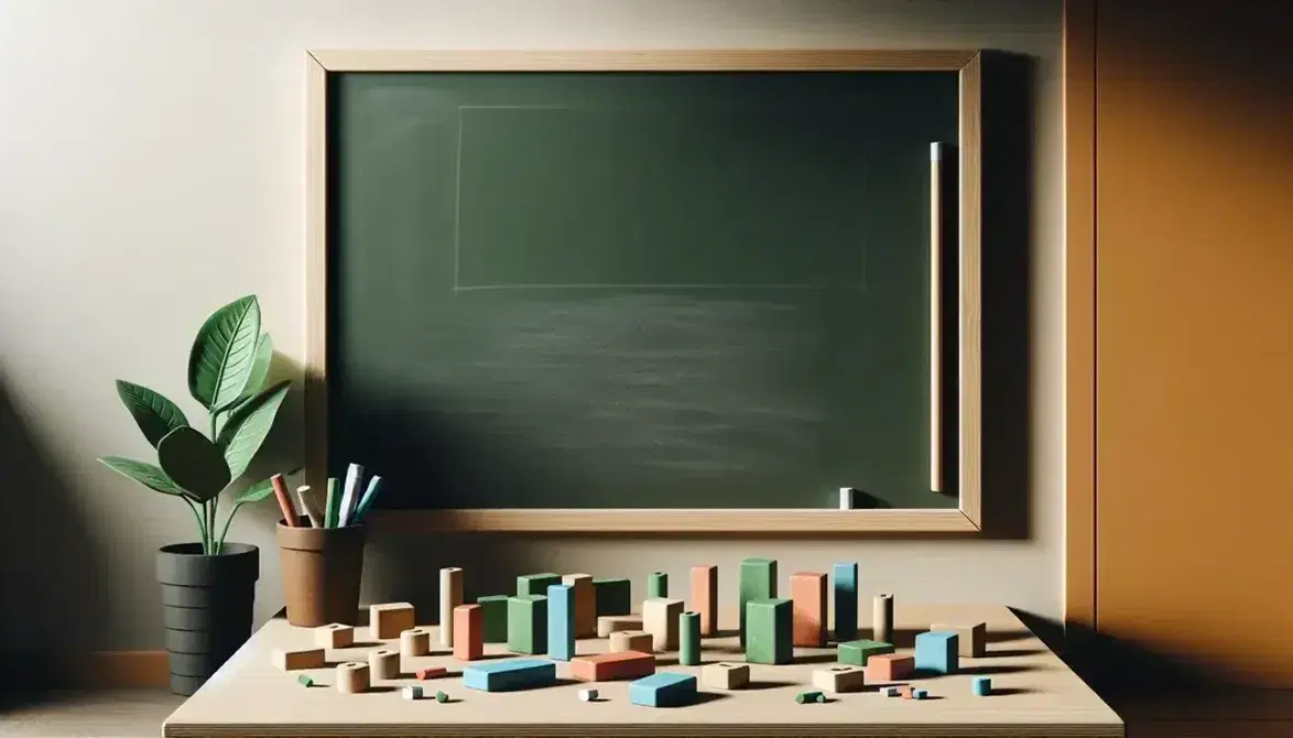 Pizarra verde oscura sin escritura con tizas blanca y azul encima, mesa de madera con bloques de construcción coloridos y planta en maceta.