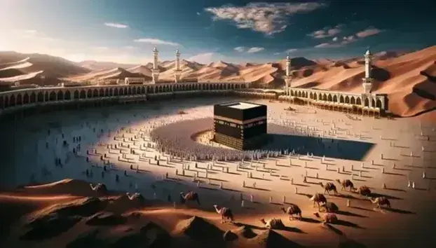 Kaaba nera nel deserto con fedeli in abiti tradizionali in processione e cammelli accovacciati sotto un cielo azzurro.