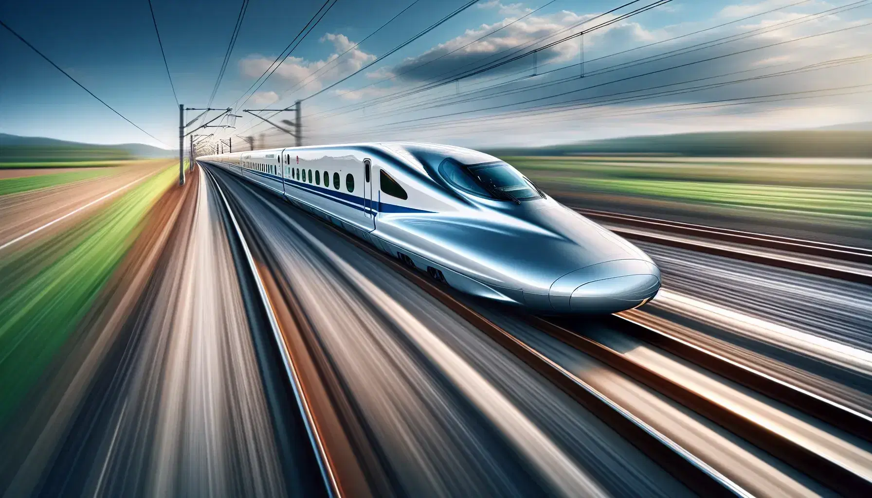 High speed bullet train moving with blur effect for speed, silver and blue colors, runs through country landscape under blue sky.