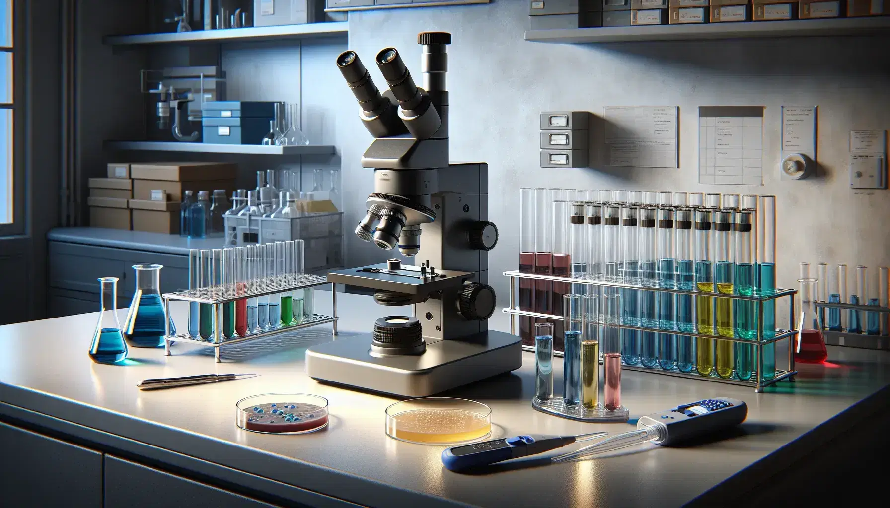 Microscopio elettronico in laboratorio scientifico con provette colorate, piastra Petri con colture batteriche e pipetta automatica su superficie bianca.
