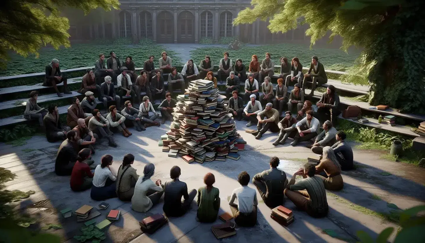 Grupo diverso de personas sentadas en círculo alrededor de una pila de libros antiguos en un parque, participando en una discusión animada bajo la luz del sol.