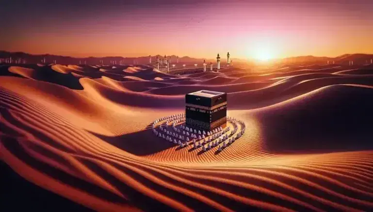 Tramonto nel deserto con riproduzione della Kaaba e fedeli in preghiera, cammello in primo piano e uccelli migratori in cielo.
