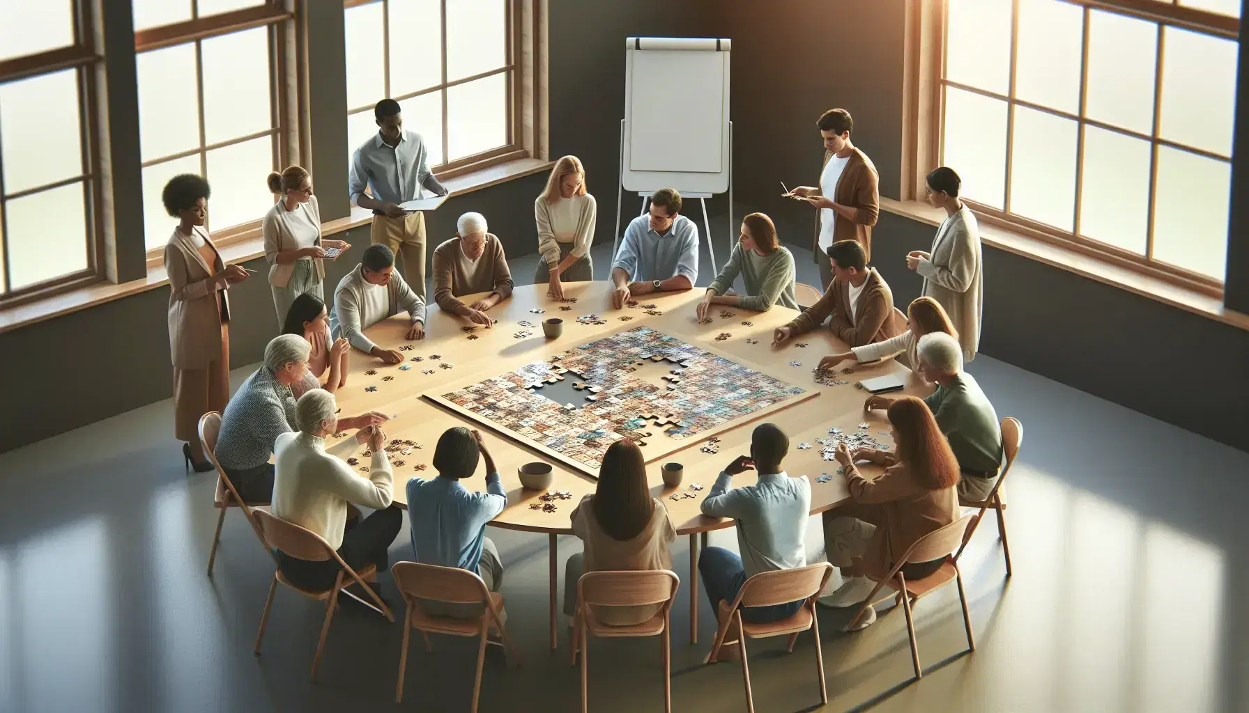 Grupo diverso de personas colaborando en un rompecabezas sobre una mesa redonda en una sala iluminada con luz natural.