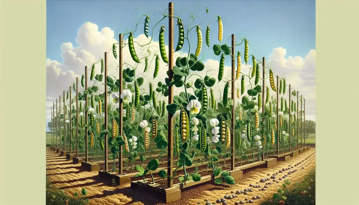 Pea plants with varying heights, green and yellow pods, and white flowers climb wooden trellises in a fertile garden under a sunny sky.